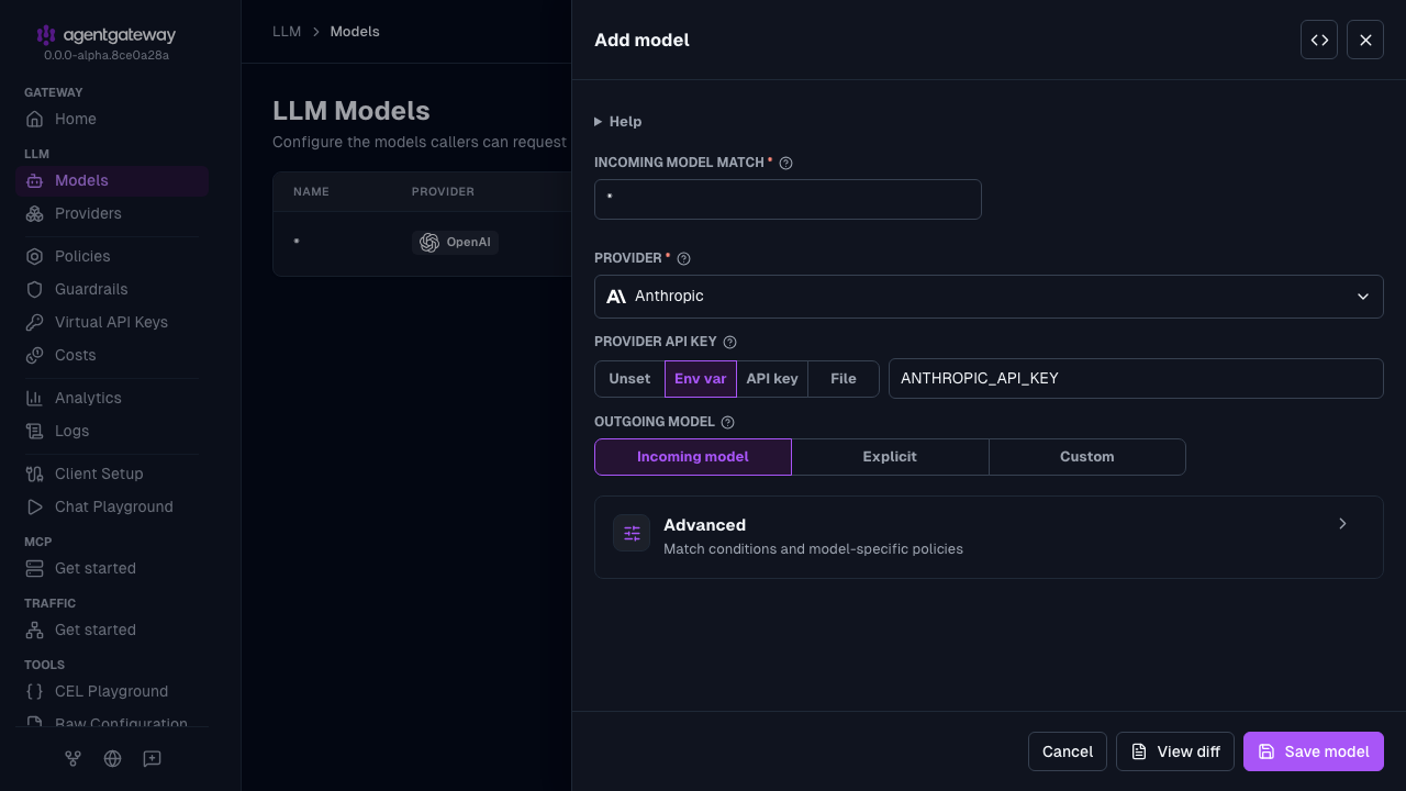Add model drawer with the Anthropic provider selected, * as the incoming model match, and the provider API key read from the ANTHROPIC_API_KEY environment variable