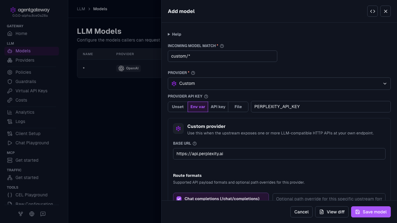Add model drawer with Custom selected as the provider, custom/* as the incoming model match, PERPLEXITY_API_KEY as the environment variable for the provider API key, and https://api.perplexity.ai as the base URL