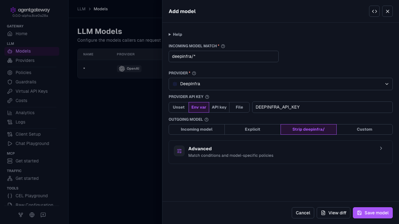 Add model drawer with DeepInfra selected as the provider, deepinfra/* as the incoming model match, and DEEPINFRA_API_KEY as the environment variable for the provider API key