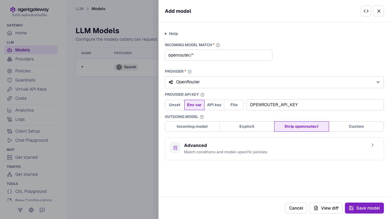 Add model drawer with OpenRouter selected as the provider, openrouter/* as the incoming model match, and OPENROUTER_API_KEY as the environment variable for the provider API key