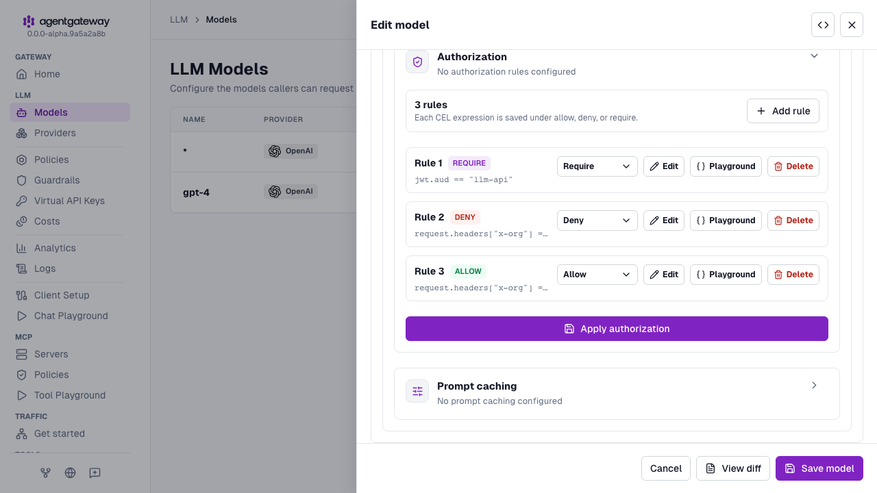 Edit model drawer for gpt-4 with the Authorization model policy and its require, deny, and allow rules