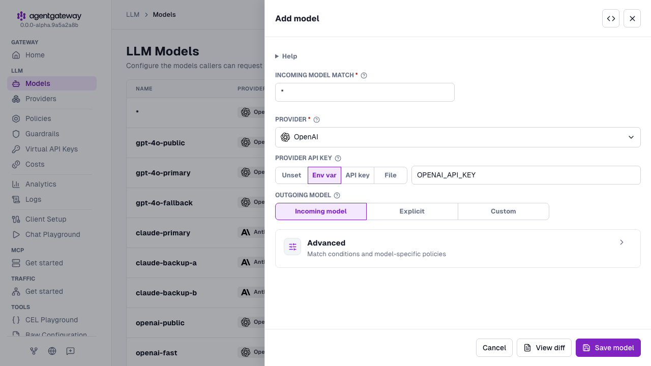 Add model drawer with the OpenAI provider, the * match, the OPENAI_API_KEY environment variable, and Incoming model as the outgoing model