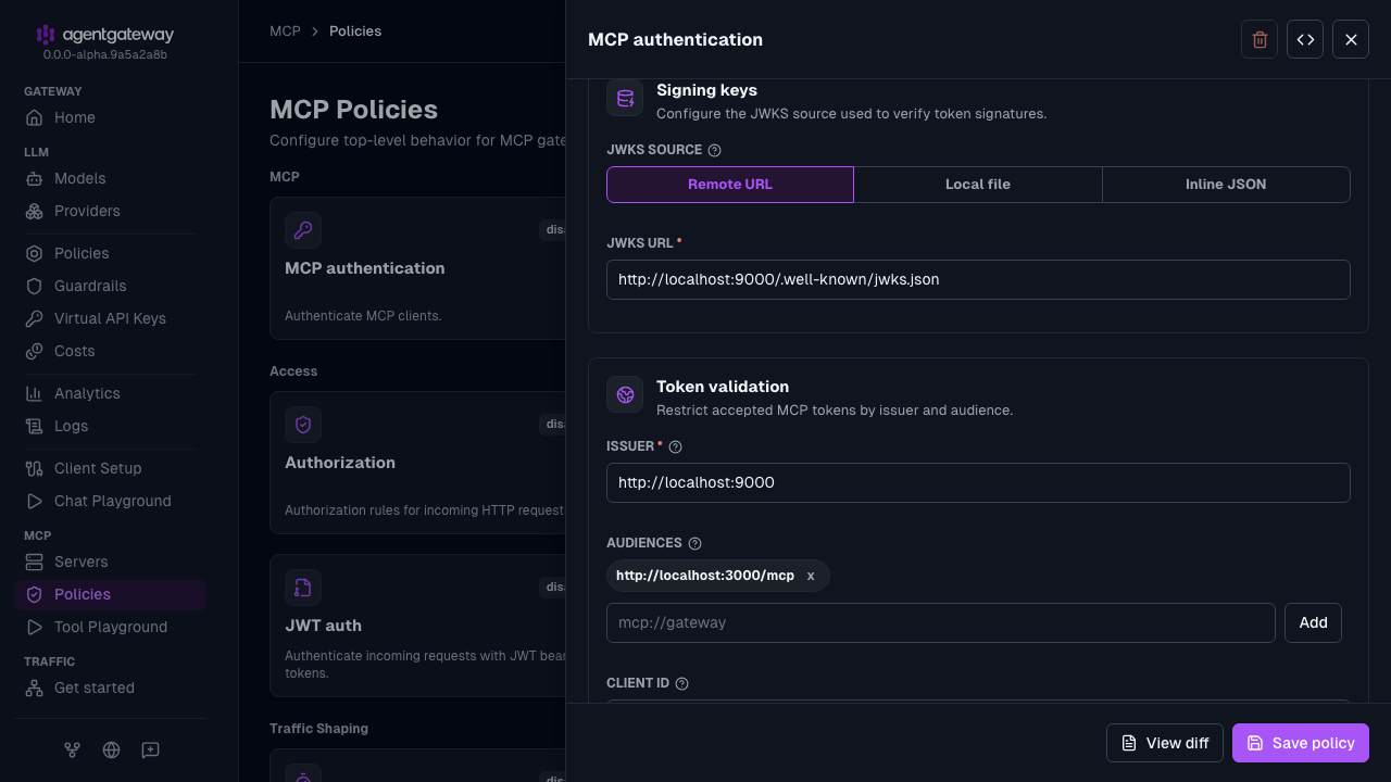 MCP authentication drawer with the localhost:9000 JWKS URL, issuer, and audience