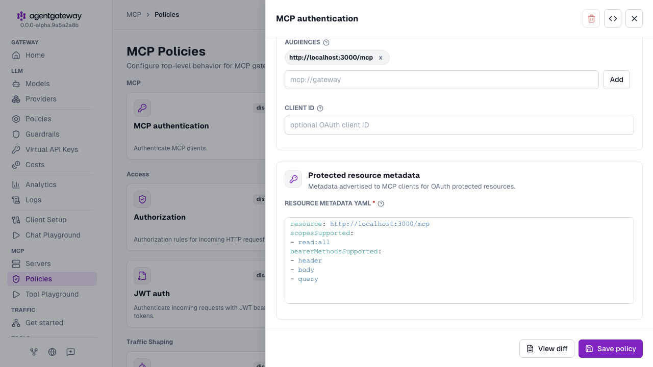 MCP authentication drawer scrolled to the resource metadata YAML for the resource server setup