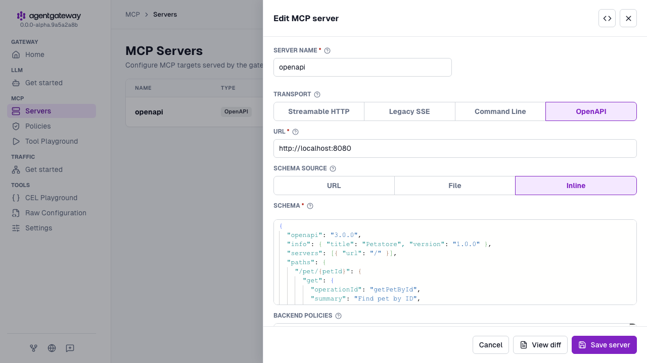 Edit MCP server drawer for the openapi target with an inline Petstore OpenAPI schema