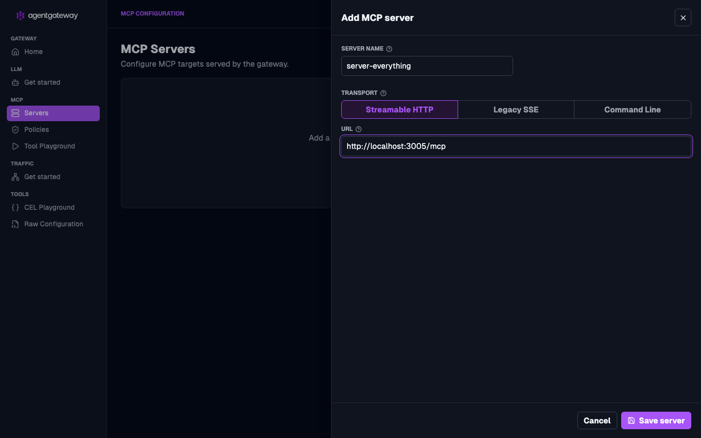 Add MCP server drawer with the server name server-everything, the Streamable HTTP transport, and the URL http://localhost:3005/mcp