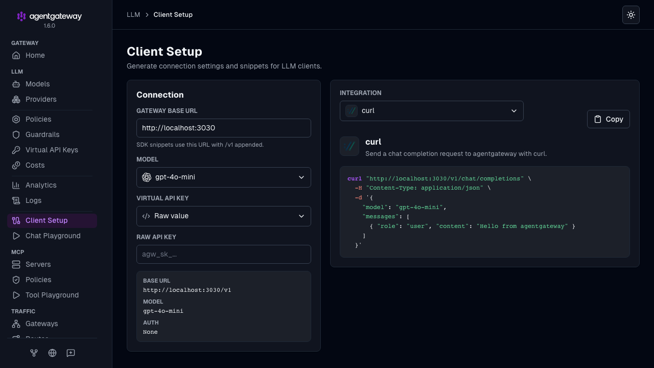 LLM Client Setup page with connection settings on the left and a generated curl snippet on the right