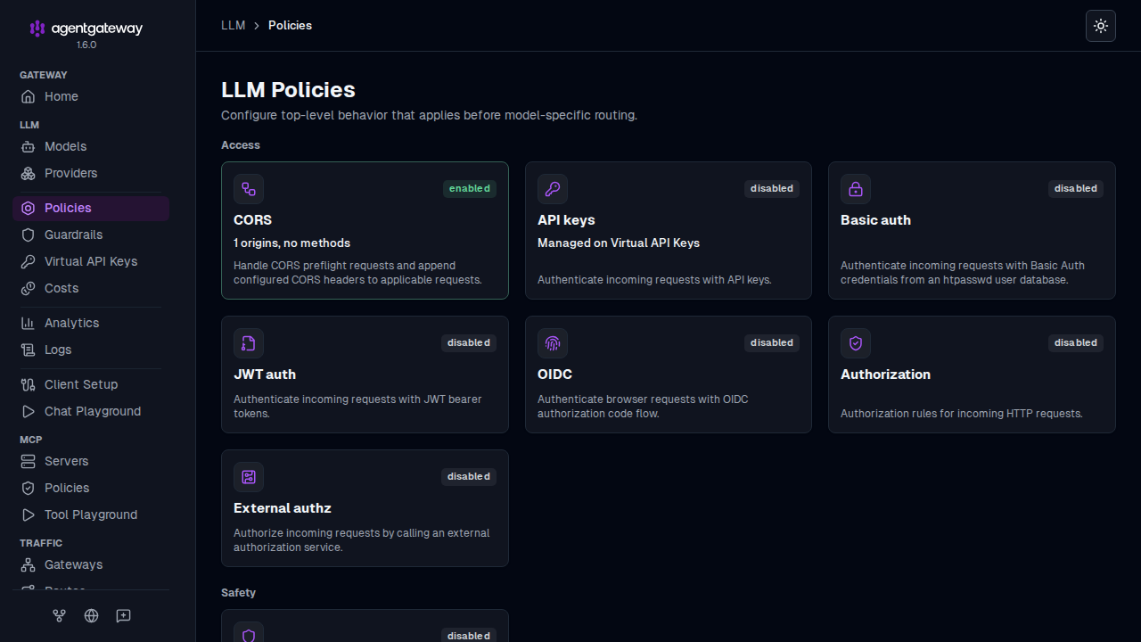 LLM Policies page with policy cards such as CORS, API keys, and JWT auth, each marked enabled or disabled