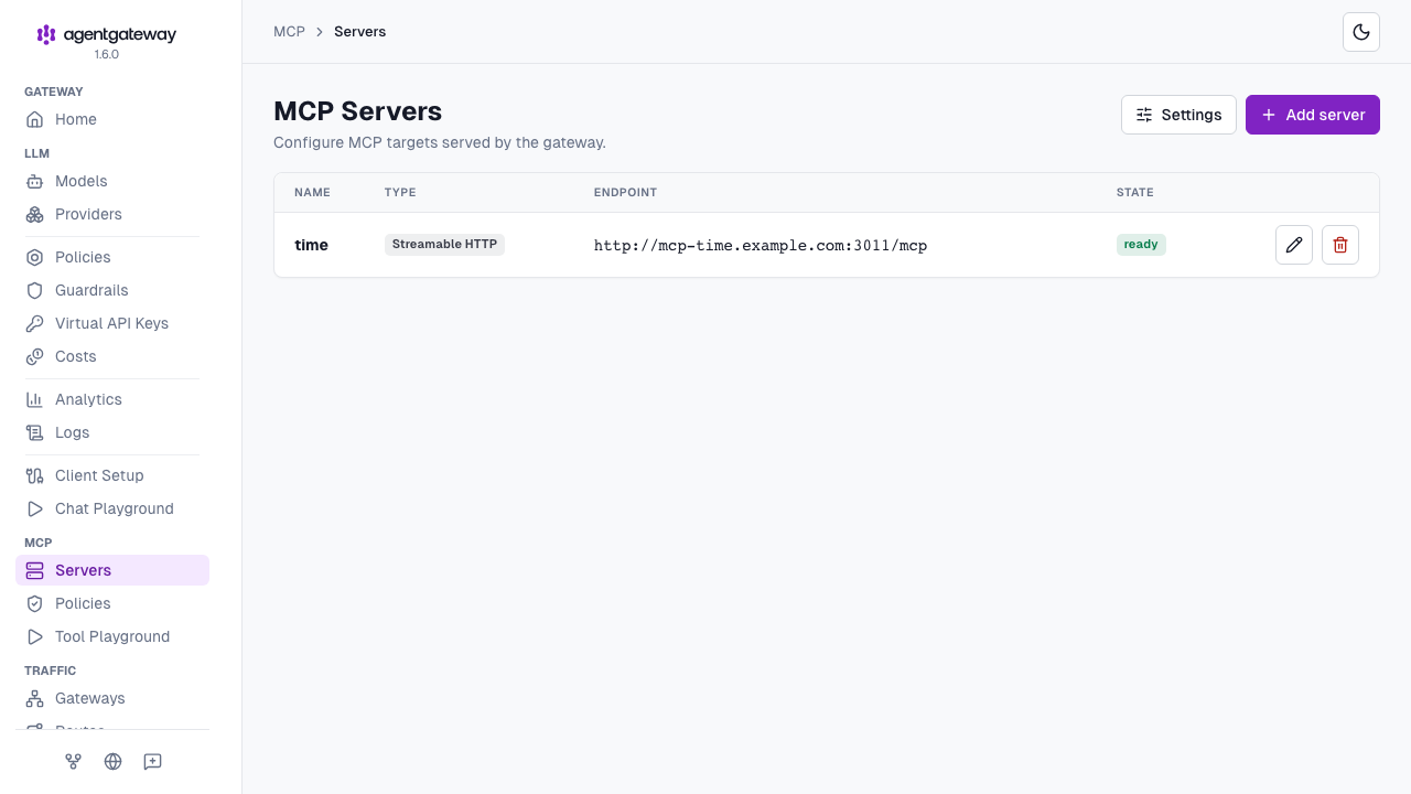 MCP Servers page with one Streamable HTTP server named time in the ready state