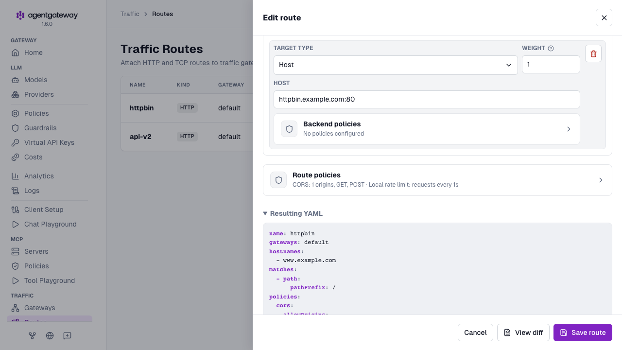 Edit route drawer with a host backend, a Backend policies row, a Route policies row for CORS and rate limits, and a View diff button